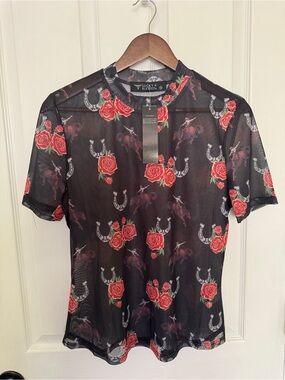Lucky & Blessed Black Mesh Tee with Red Rose and Silver Horseshoe Print